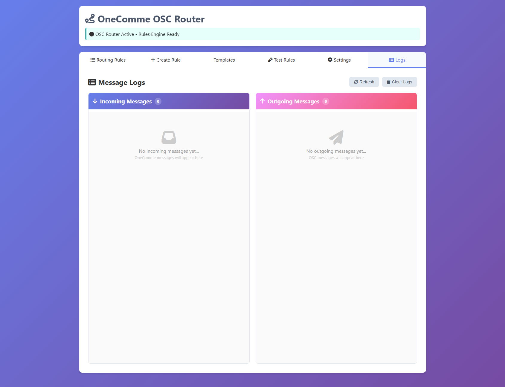 Logs tab with message history and filtering