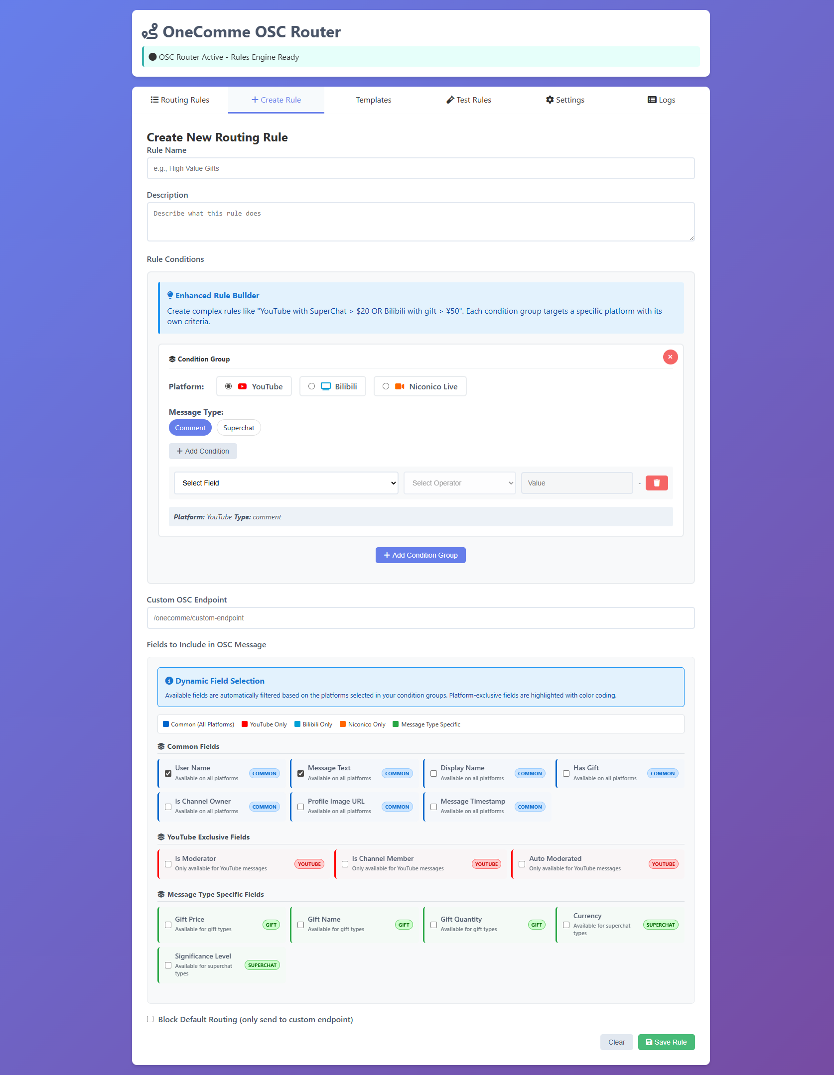 Rule builder modal (empty form)