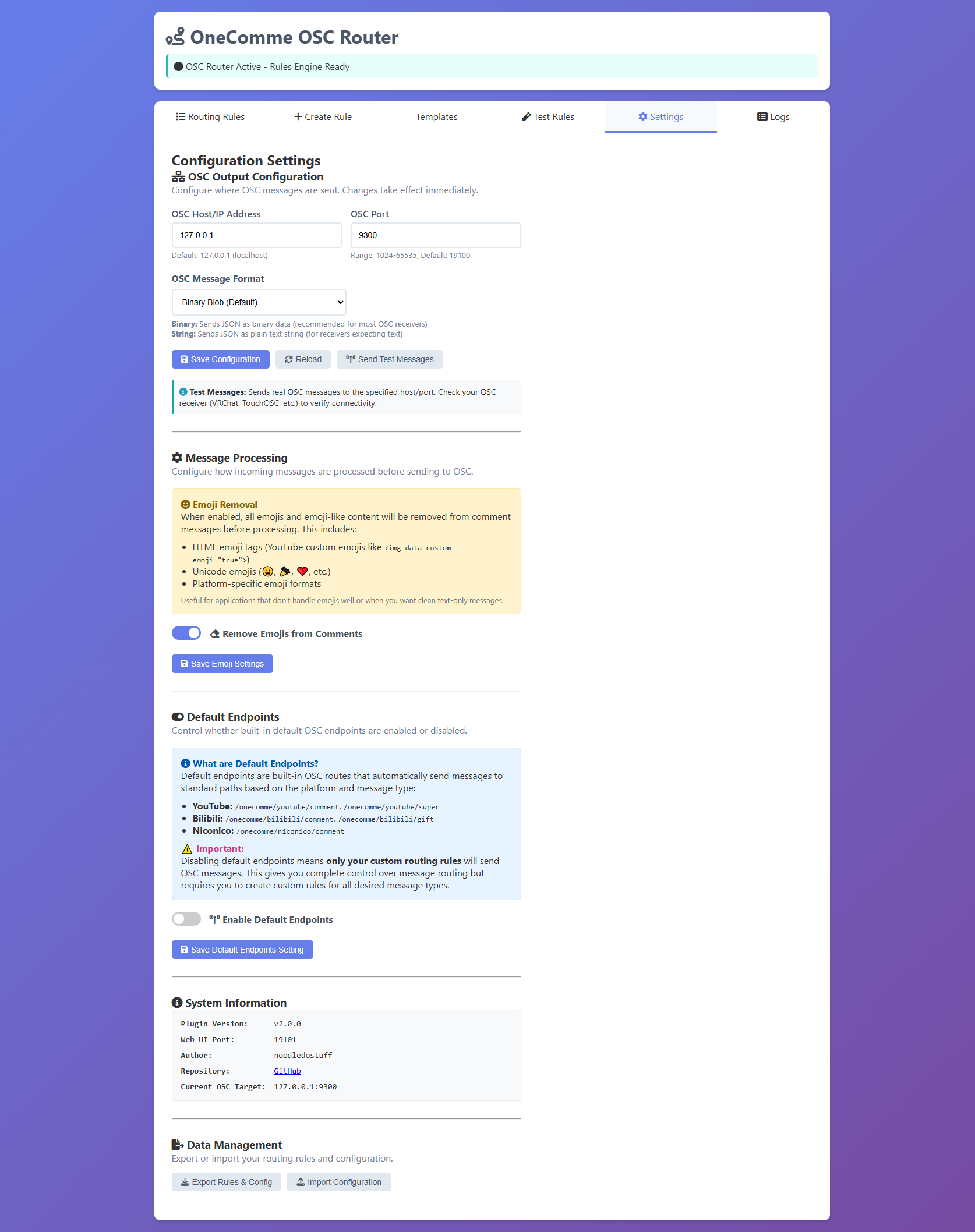 Settings tab with all configuration options